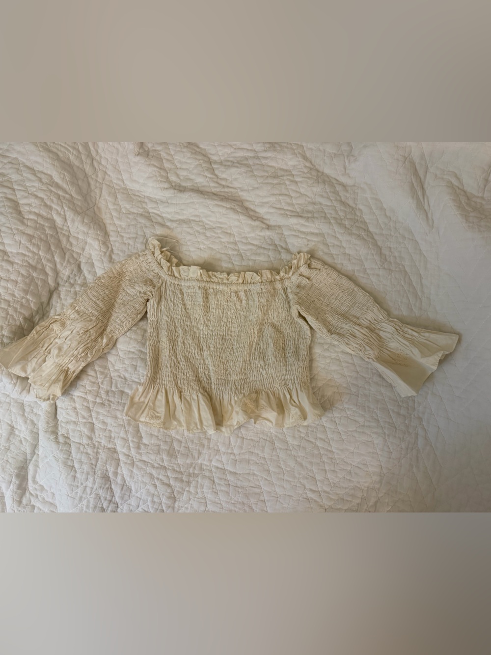 Zara Cream Smocked Ruffle Long-Sleeve Top